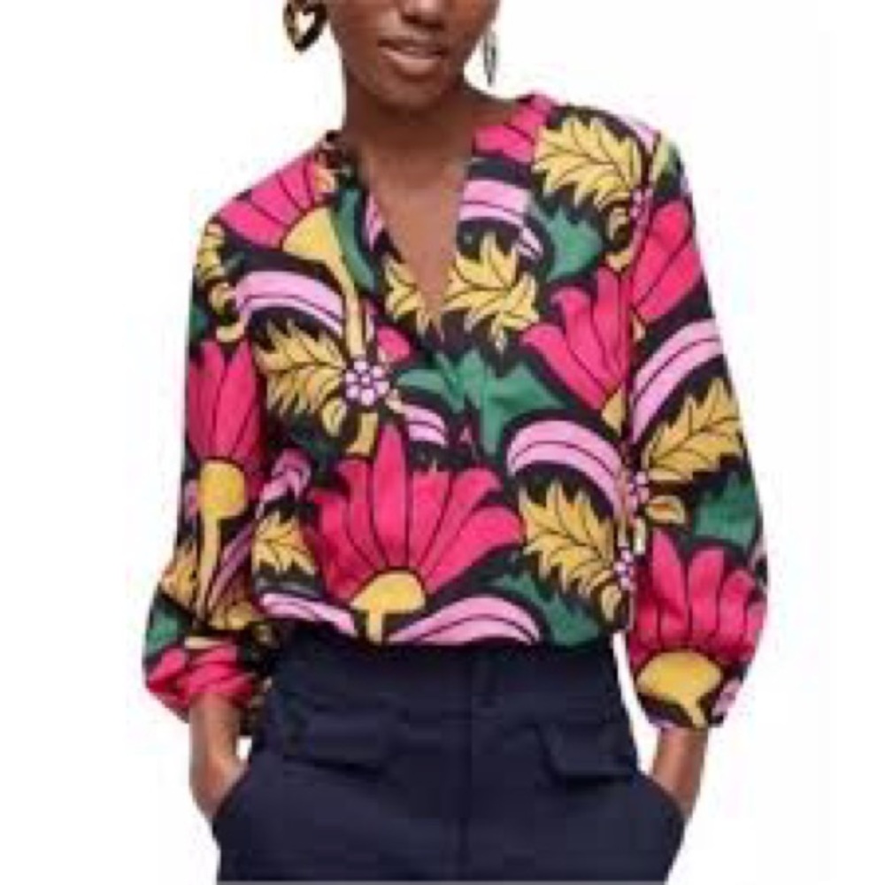 J. Crew Pink and Yellow Graphic Relaxed Blouse